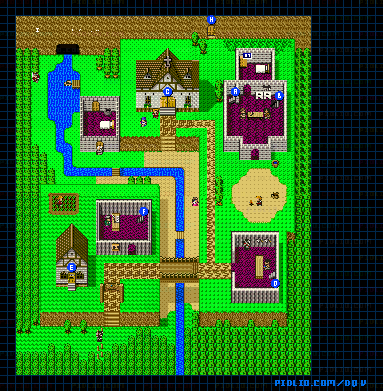 サンタローズの村（幼年時代）外観のマップ画像 ／ SFC版ドラゴンクエストV攻略 ─ pidlio.com
