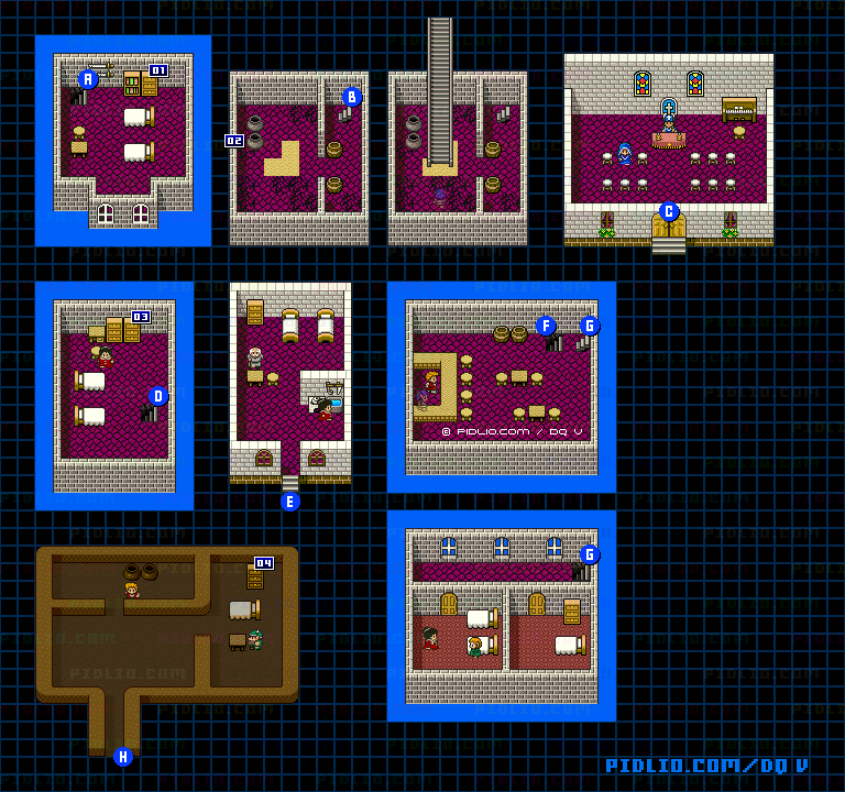 サンタローズの村（幼年時代）屋内のマップ画像 ／ SFC版ドラゴンクエストV攻略 ─ pidlio.com