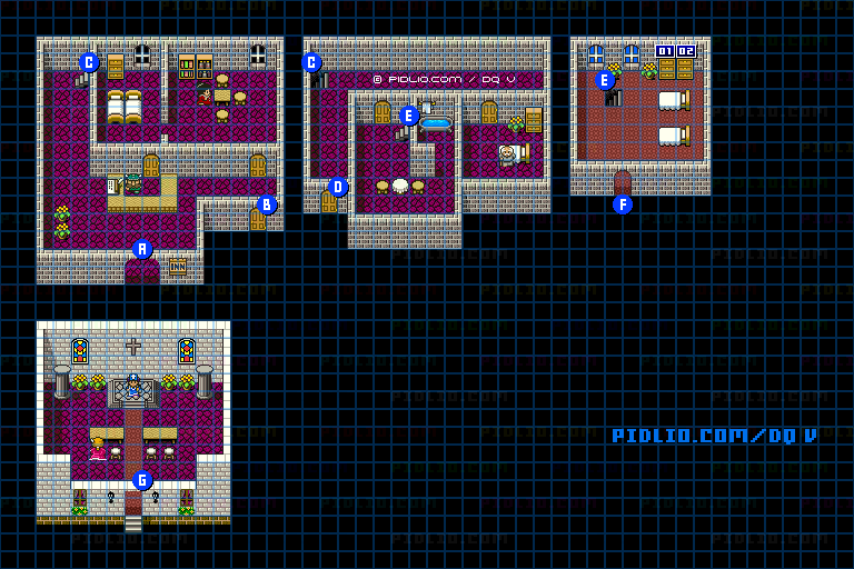 アルカパの町（青年時代前半）屋内のマップ画像 ／ SFC版ドラゴンクエストV攻略 ─ pidlio.com