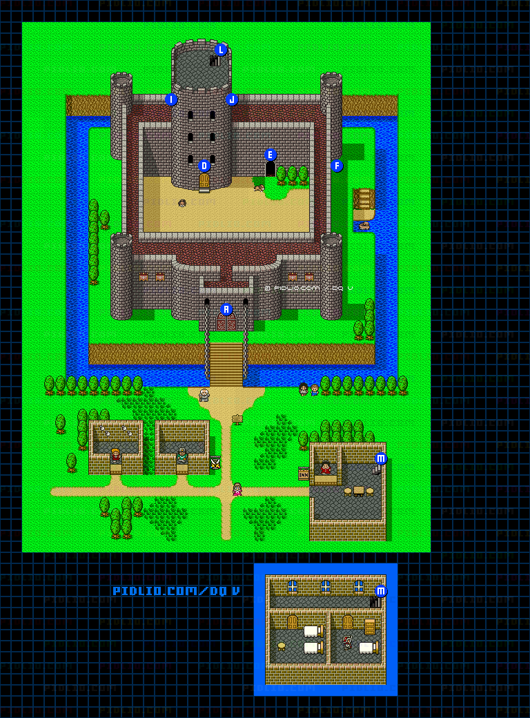ラインハット城（青年時代前半）外観と城下町のマップ画像 ／ SFC版ドラゴンクエストV攻略 ─ pidlio.com