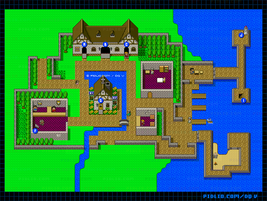 ポートセルミの町（青年時代前半）屋外のマップ画像 ／ SFC版ドラゴンクエストV攻略 ─ pidlio.com