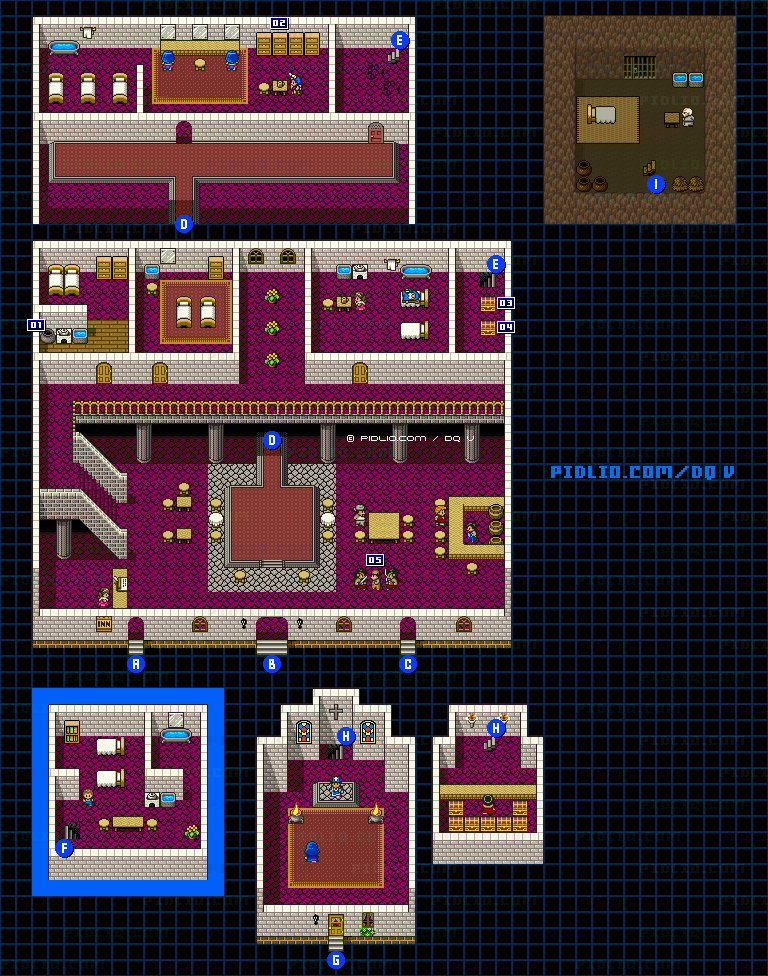 ポートセルミの町（青年時代前半）屋内のマップ画像 ／ SFC版ドラゴンクエストV攻略 ─ pidlio.com