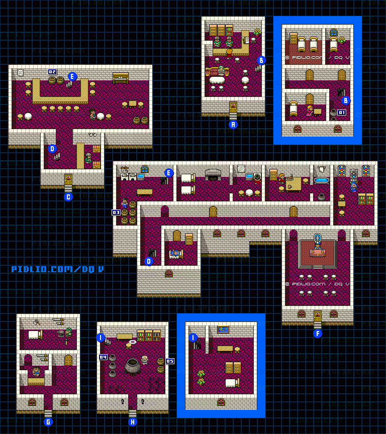 ルラフェンの町（青年時代前半）屋内のマップ画像 ／ SFC版ドラゴンクエストV攻略 ─ pidlio.com