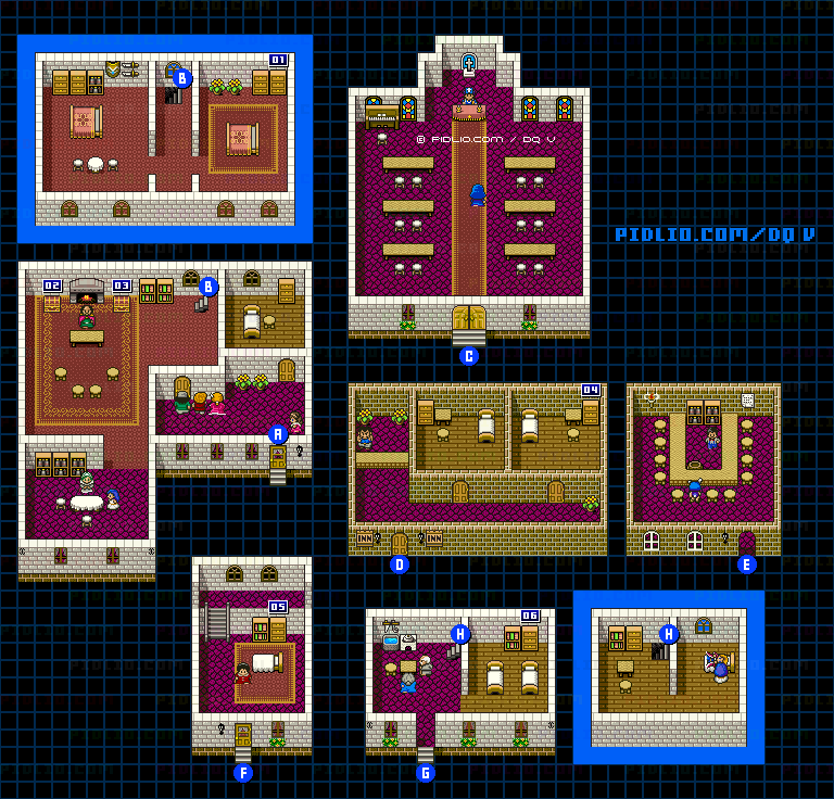 サラボナの町（青年時代前半）屋内のマップ画像 ／ SFC版ドラゴンクエストV攻略 ─ pidlio.com