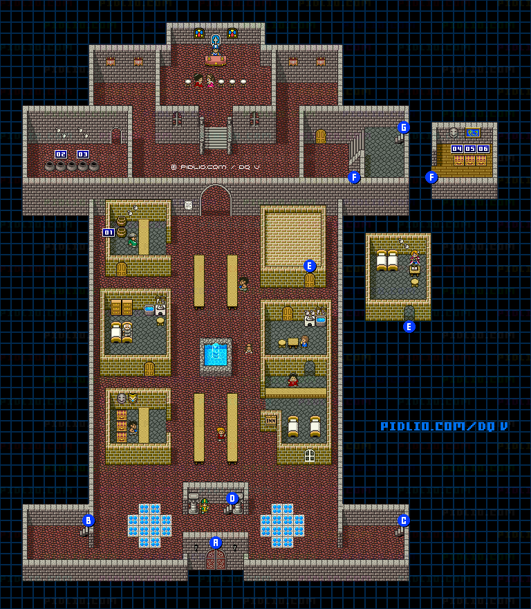 グランバニア城（青年時代前半）城内1Fのマップ画像 ／ SFC版ドラゴンクエストV攻略 ─ pidlio.com