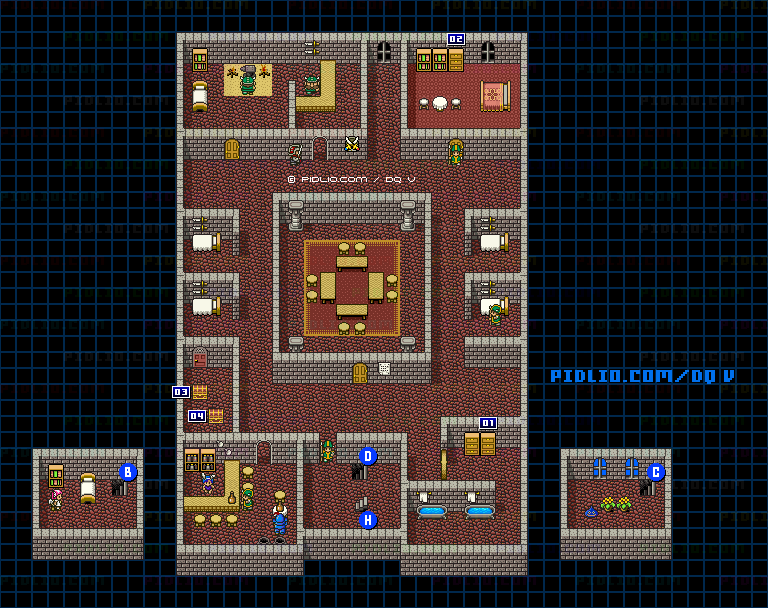 グランバニア城（青年時代前半）城内2Fのマップ画像 ／ SFC版ドラゴンクエストV攻略 ─ pidlio.com