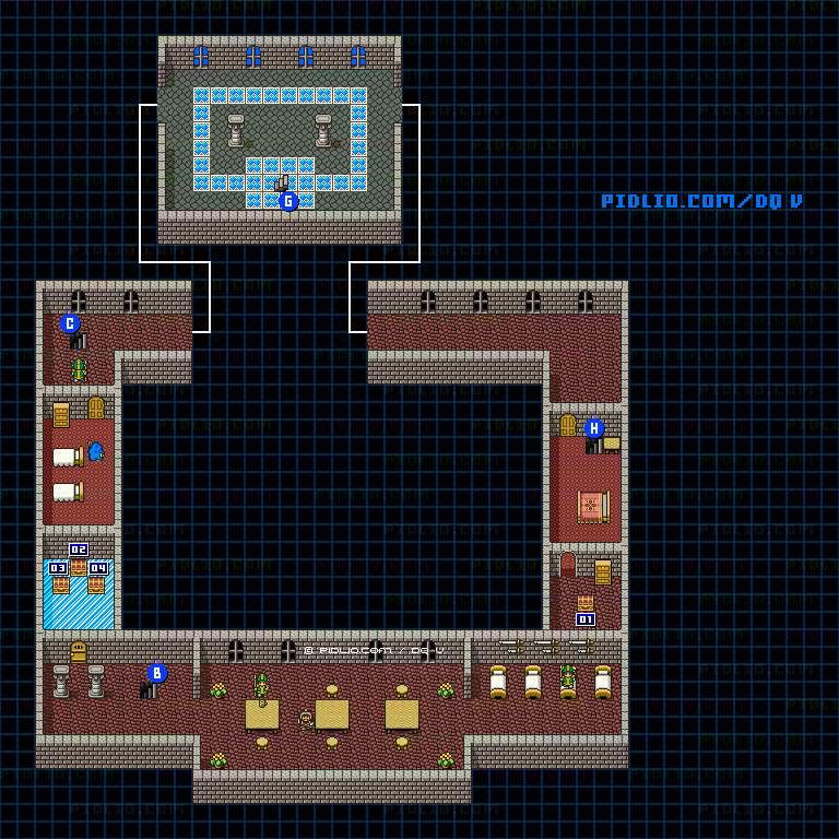 ラインハット城（青年時代後半）城内2Fのマップ画像 ／ SFC版ドラゴンクエストV攻略 ─ pidlio.com
