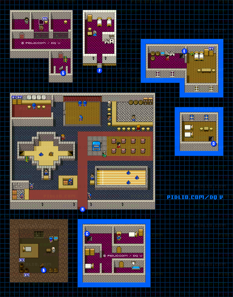 オラクルベリーの町（青年時代後半）のマップ画像 ／ SFC版ドラゴンクエストV攻略 ─ pidlio.com